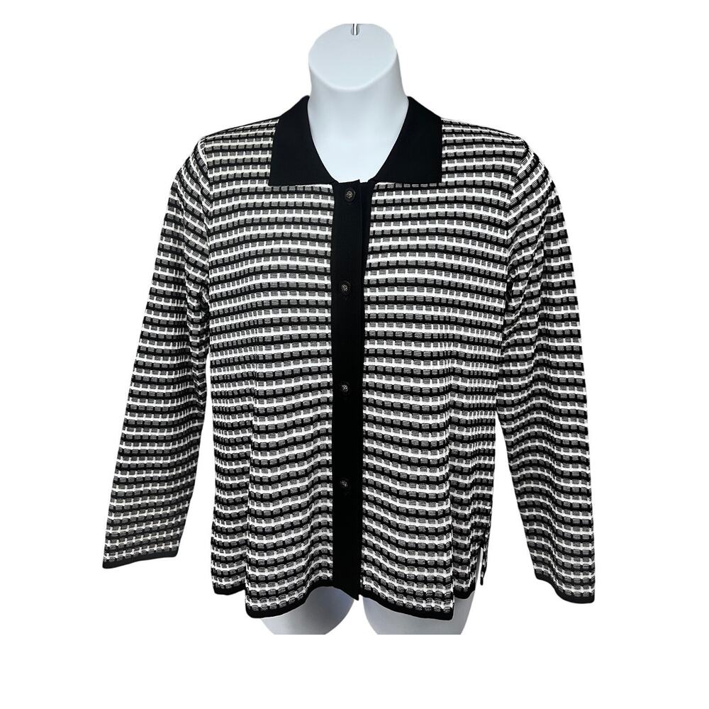Misook Vintage 90s Black White Ribbed Knit Button Up Sweater Shirt Large Stretch